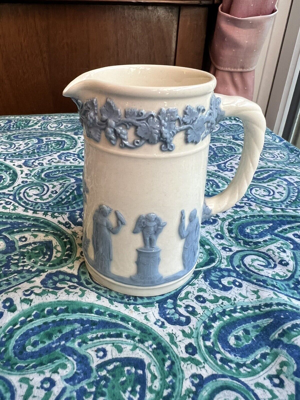 Vintage Wedgwood Embossed Queens Ware Pitcher Blue on White