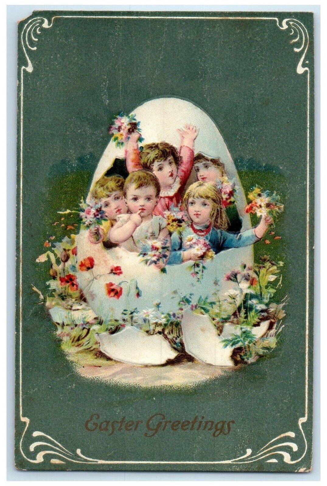 c1910's Easter Greetings Children In Hatched Egg Flowers Embossed Postcard