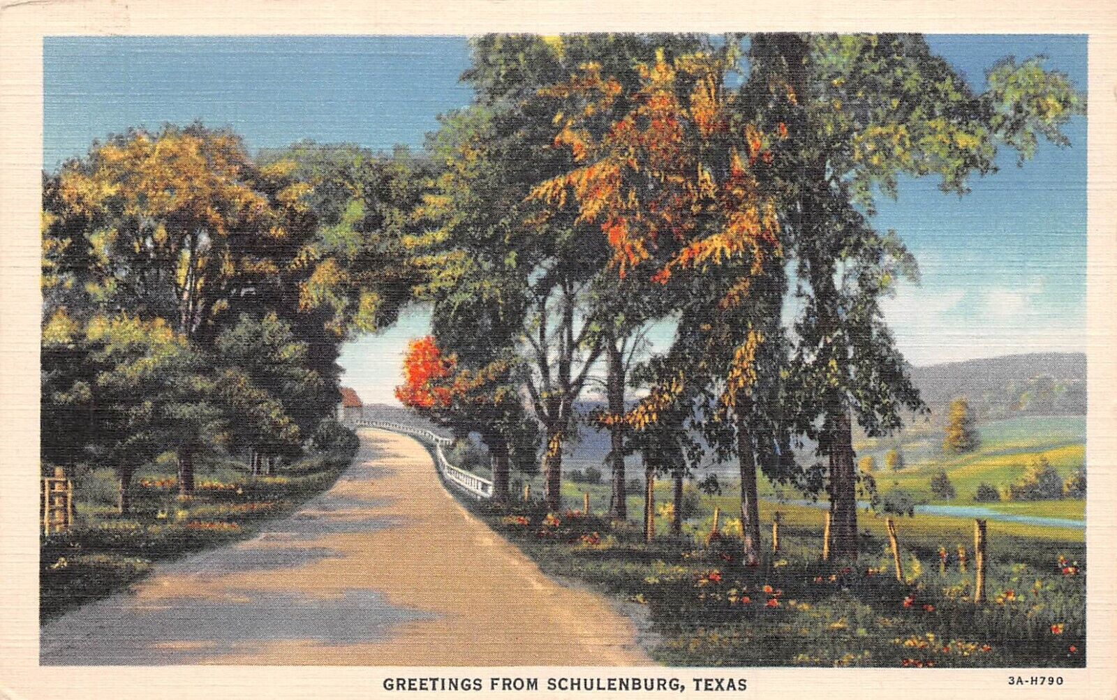 Greetings from Schulenburg Texas Beautiful Country Lane 1937 Linen Postcard