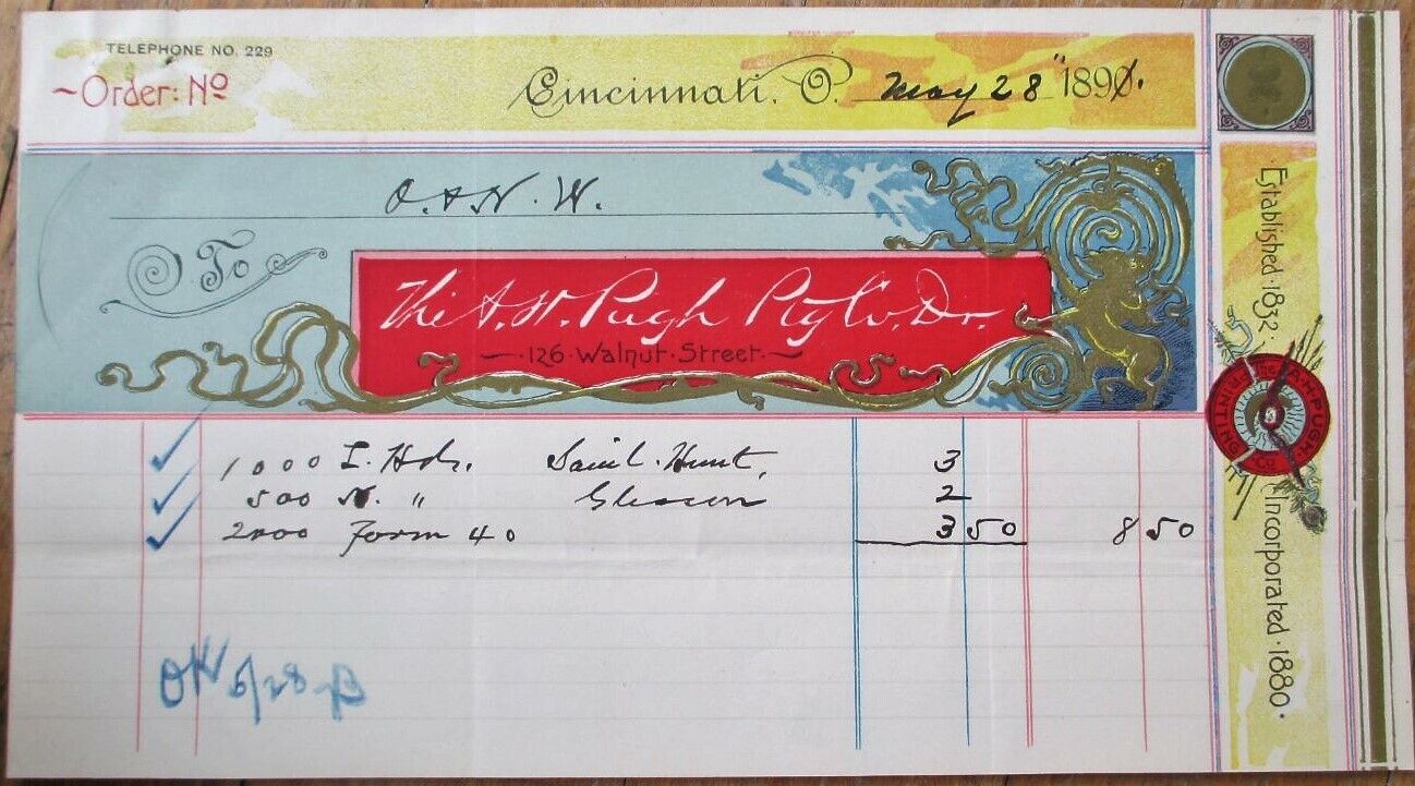 Cincinnati, OH 1891 Color Letterhead: A. H. Pugh Printing Company - Ohio