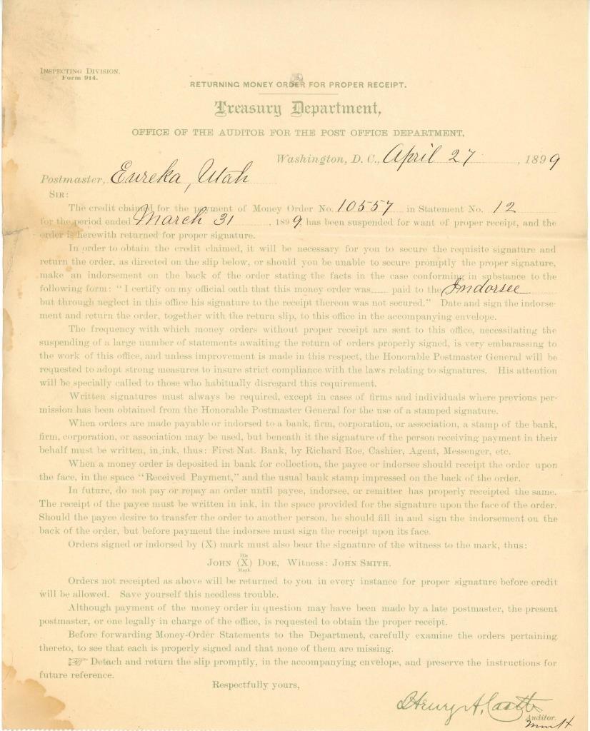 1899 Postmaster Document, Eureka, Utah - Washington DC
