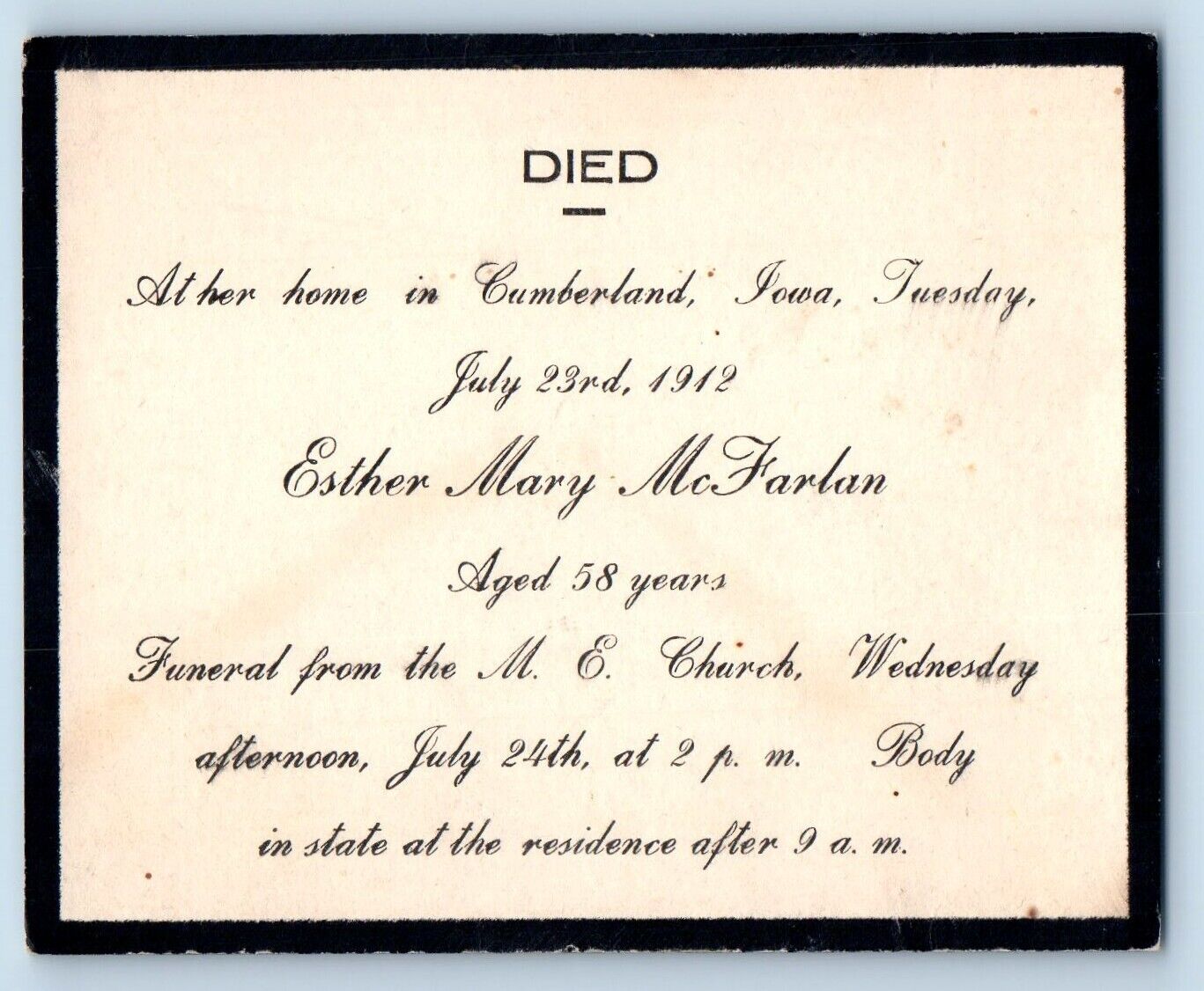 Cumberland Iowa IA Postcard Esther Mary Mc Farlan Funeral 1912 Vintage Antique