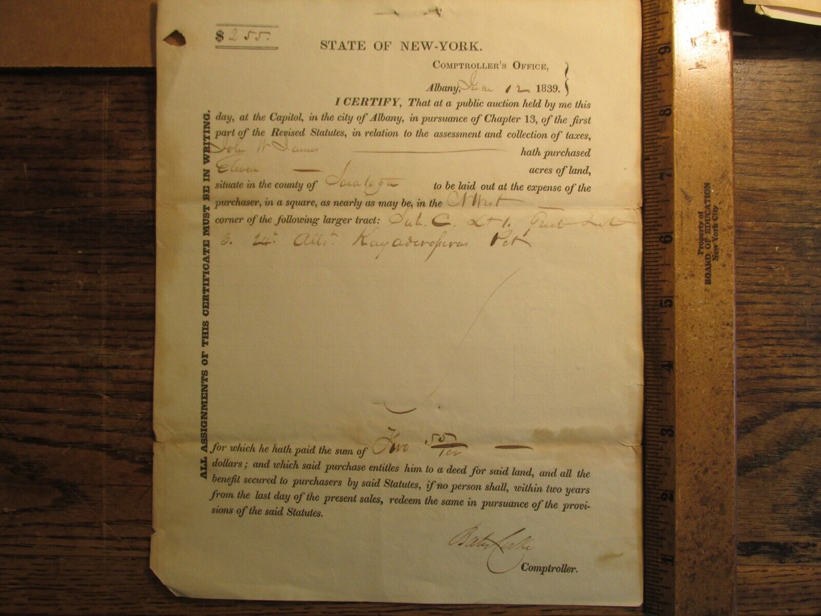 Antique Ephemera 1839 New York State Property Land Auction Sale Document