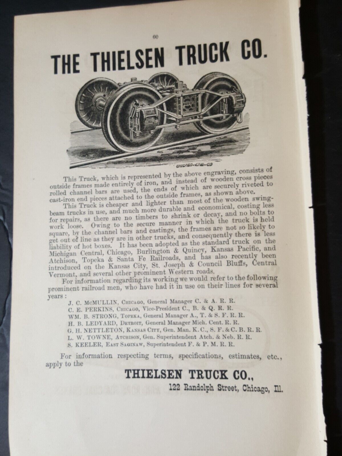 1879 original railroad advertising THIELSEN TRUCK COMPANY Chicago IL train 