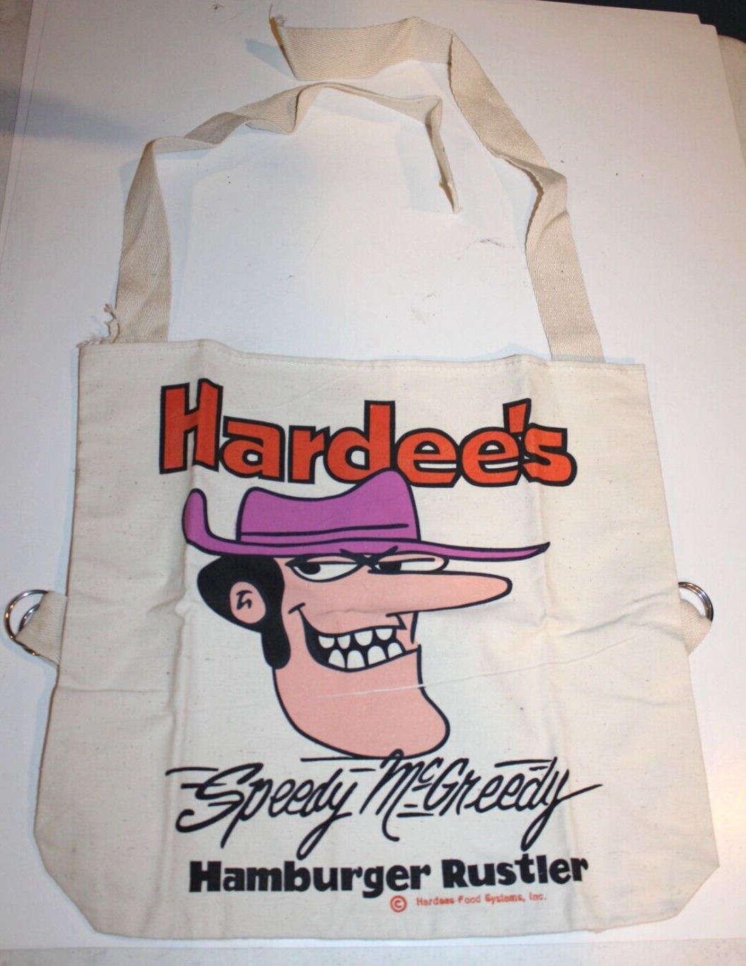 UNUSED VTG 1970s Hardee’s Speedy McGreedy Canvas Tote Backpack Hamburger Rustler