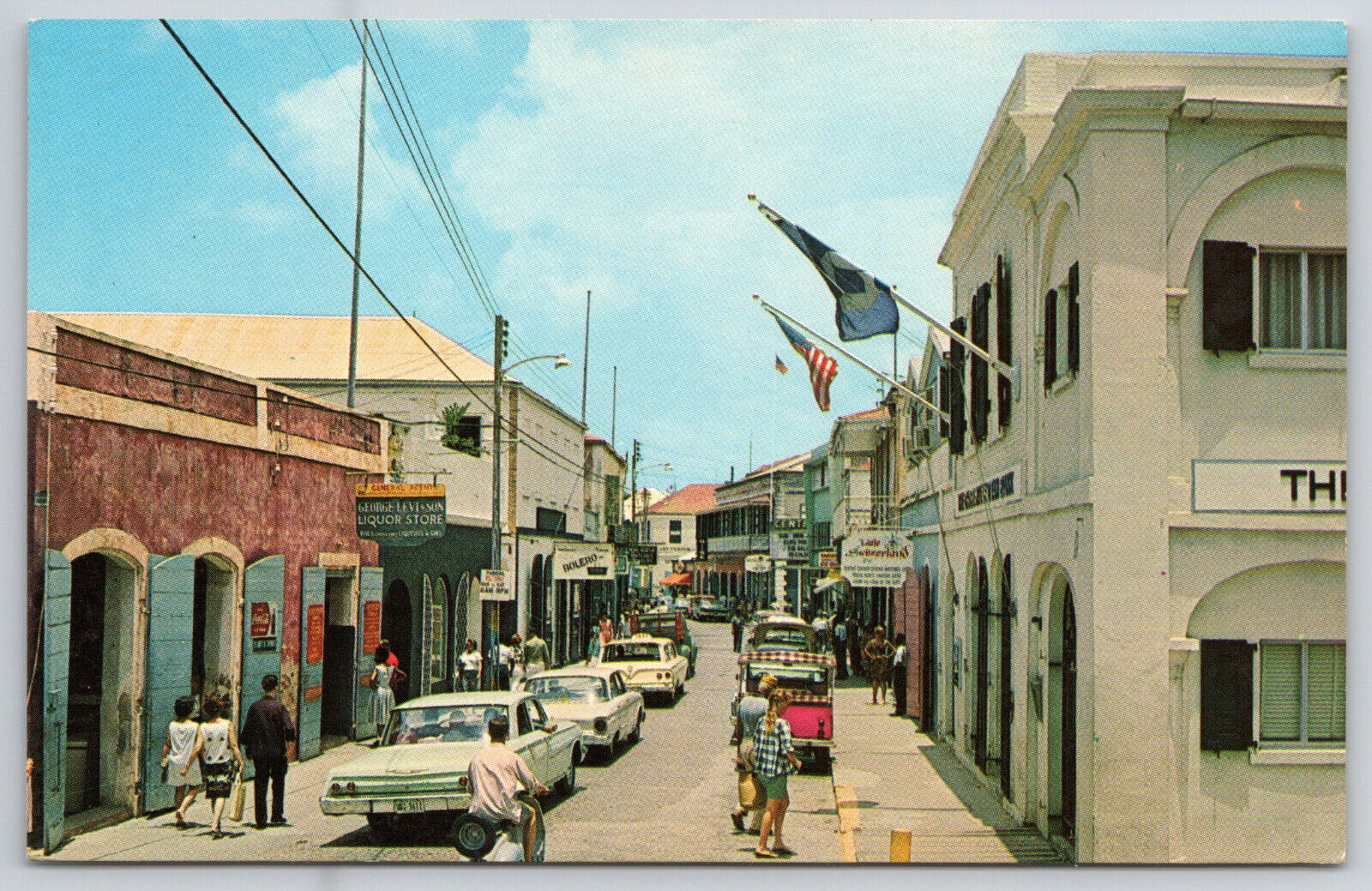 St Thomas Virgin Islands Main Street View Classic Cars Flags Signs Postcard