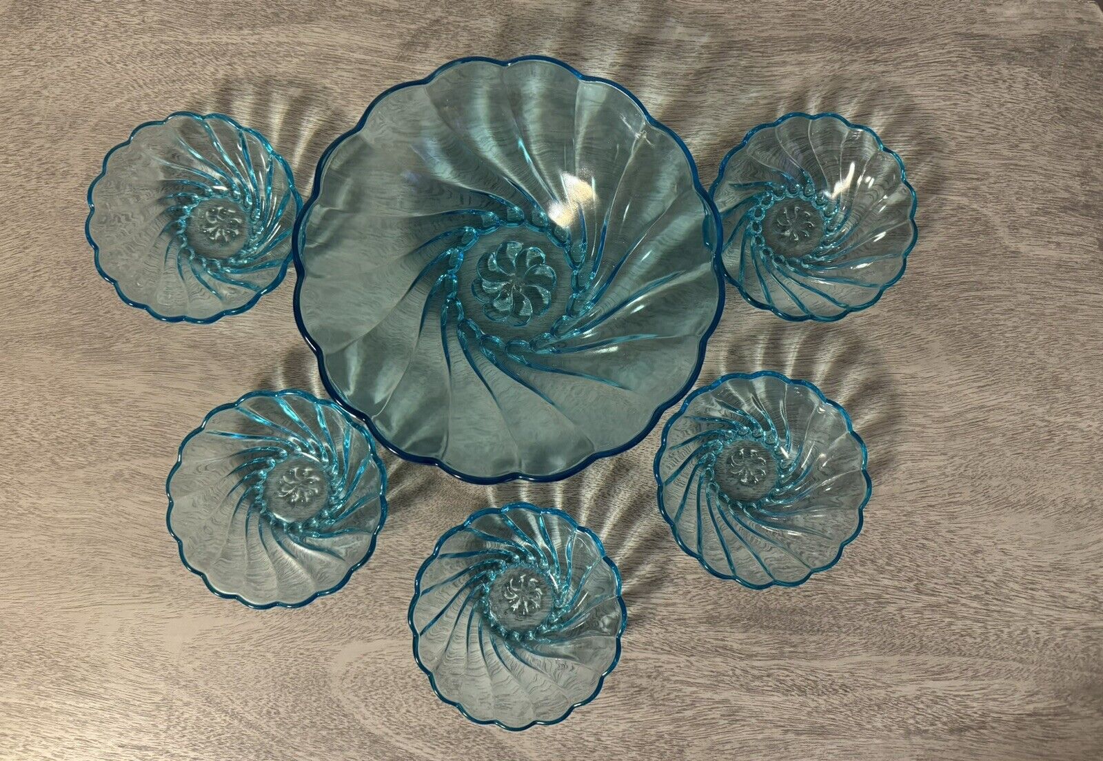 Vintage Hazel Atlas Capri Blue Swirl Glass Bowl Set 1 Large 5 Small Shabby Chic