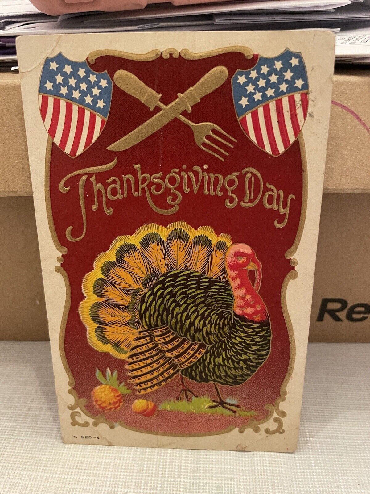 Vtg Postcard Embossed Thanksgiving Day Turkey & Flags 1909
