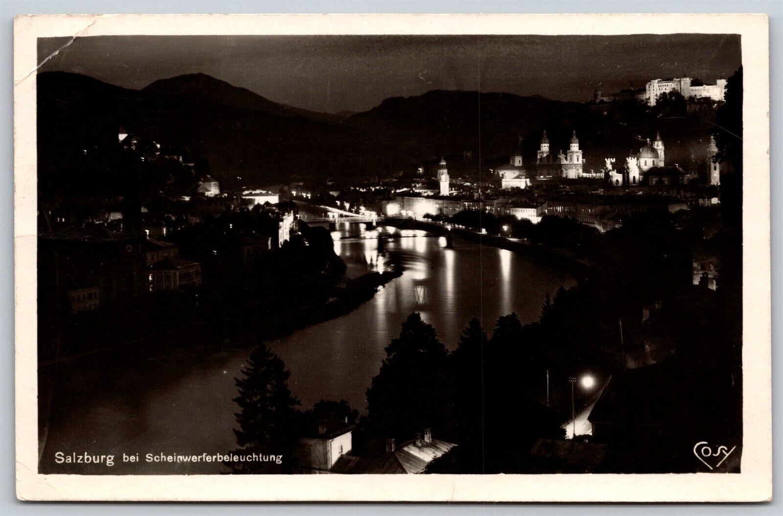 Postcard Salzburg bei Scheinwerferbeleuchtung 1932 RPPC N113