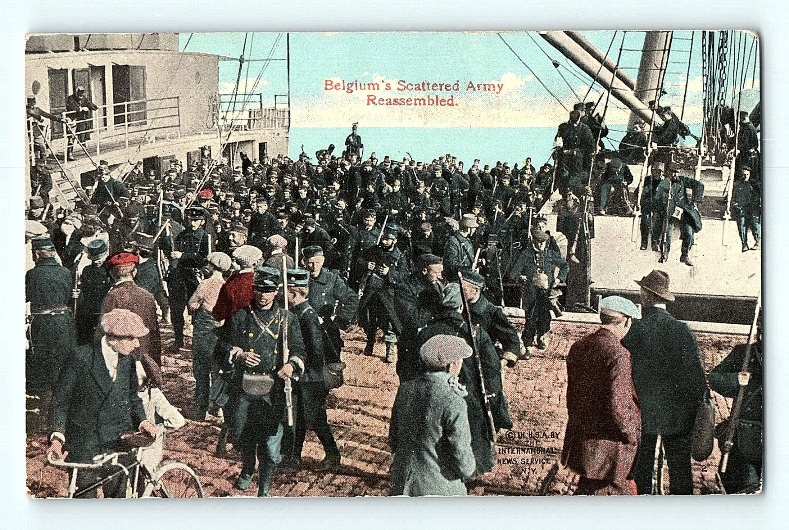 WWI Belgium\'s Scatterd Army Reassembled Crowded Ship Dock Bicycle Postcard E4