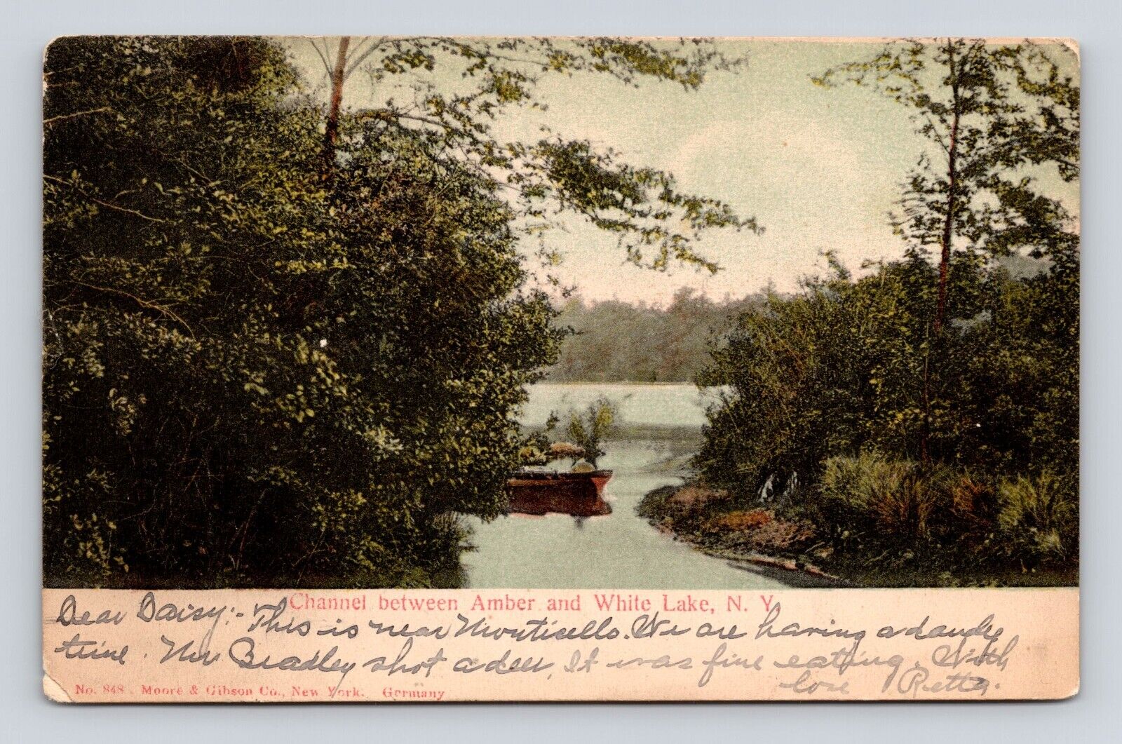 Old Postcard Channel between Amber & White Lake Boat 1906 Undivided Back