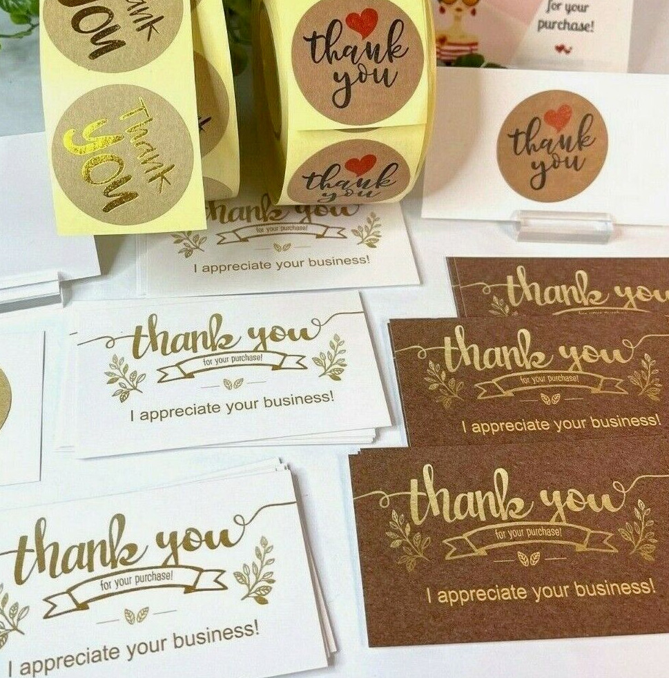 100x Thank You Your Purchase Business Cards Thank You Stickers Brown Gold White