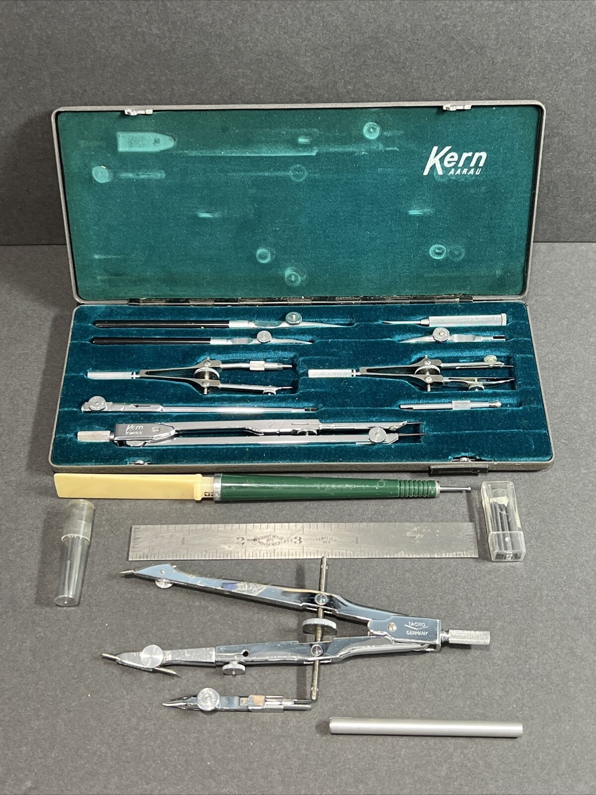 Kern AARAU A15 Swiss Drafting Chrome Instrument set Excellent Condition + Extras