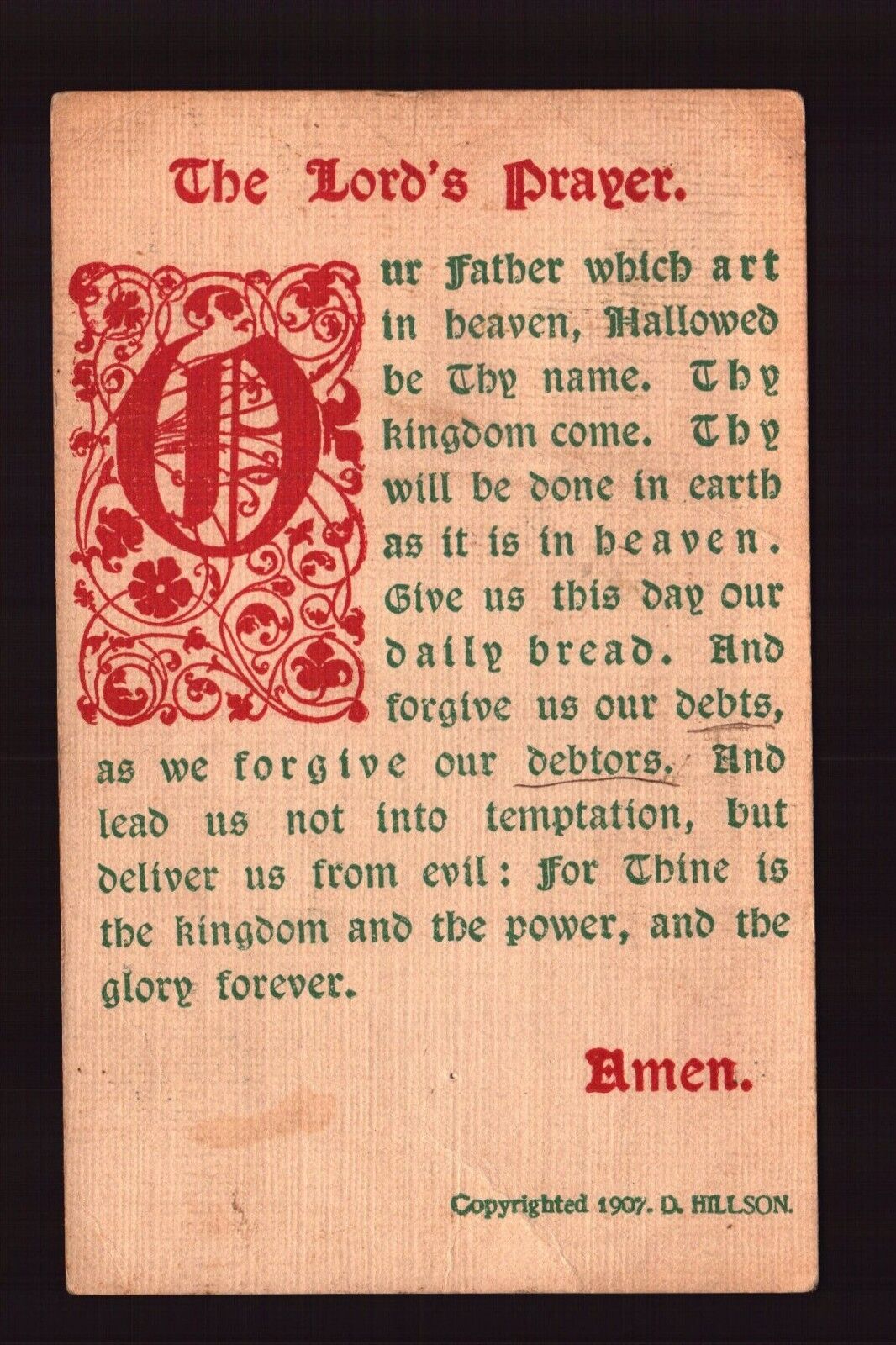 POSTCARD : VINTAGE GREETING - THE LORD'S PRAYER - D. HILLSON 1911