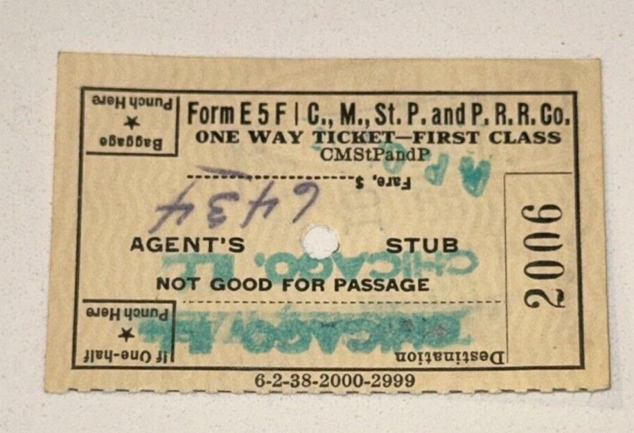 5/10/39 Chicago Tacoma One Way CMstP & Pacific R.R Railroad Company Ticket Stub