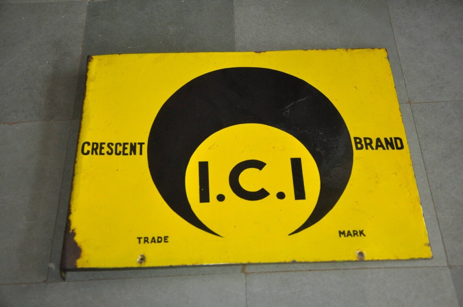 Vintage I.C.I Crescent Brand Chemical Ad Double Sided Porcelain Enamel Signboard