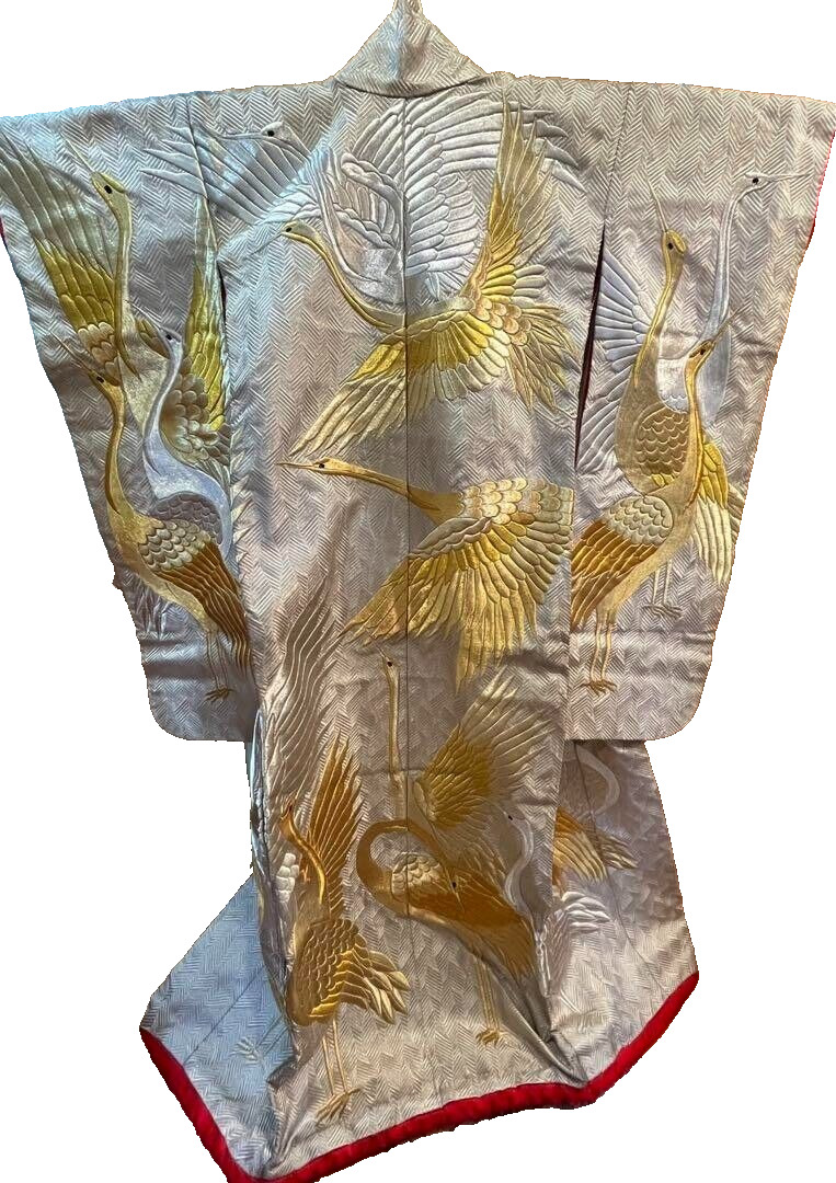 Japanese Kimono Uchikake Vintage Gorgeous wedding Gold Silver Crane (u74)