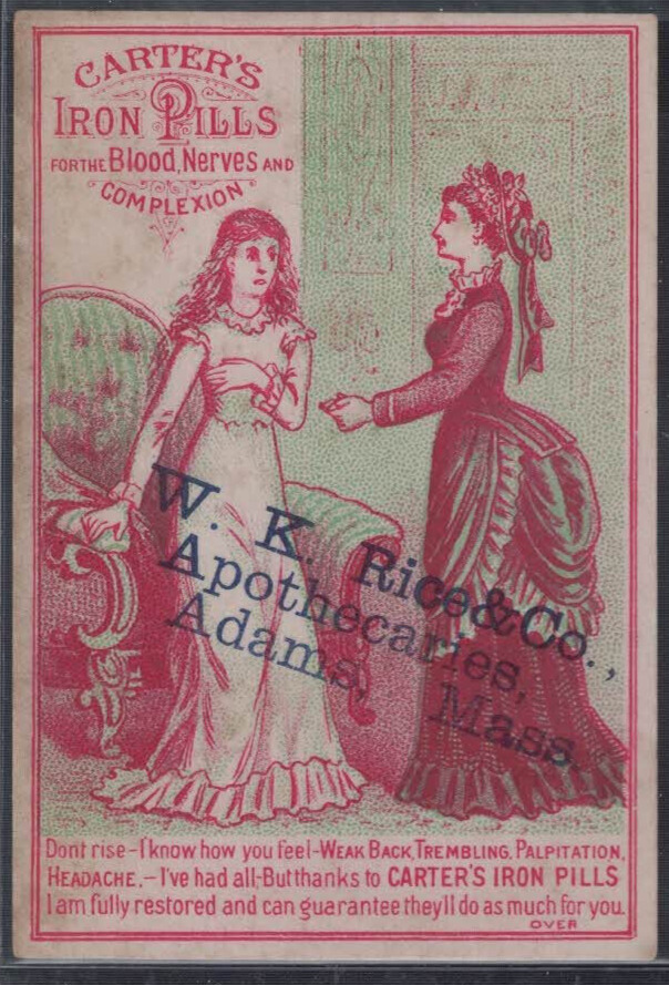 CARTERS IRON Victorian Trade Card, 1880s-90s Vintage, Nervous Women Pills