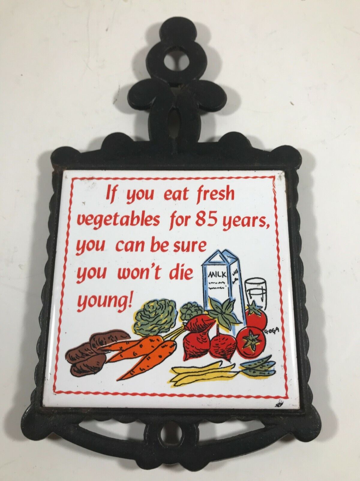 Vintage UCGC Metal Trivet Tile If You Eat Fresh Vegetables for 85 Years