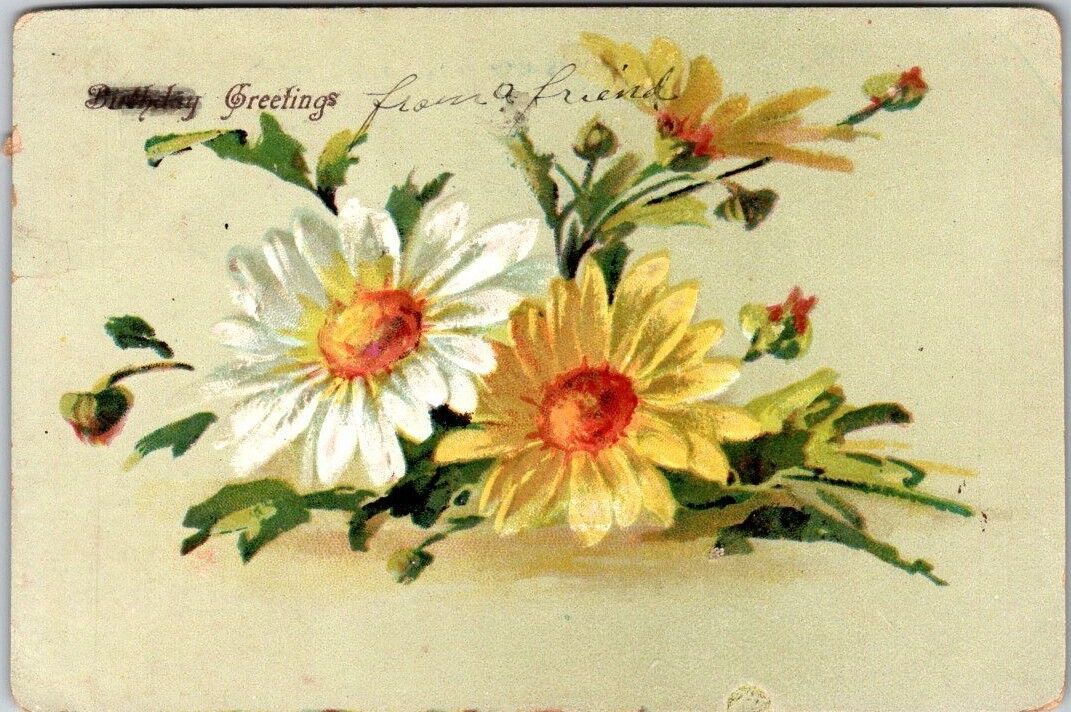 Greetings, Daisies, Birthday crossed out, Mailed in Virginia 1907 Postcard 