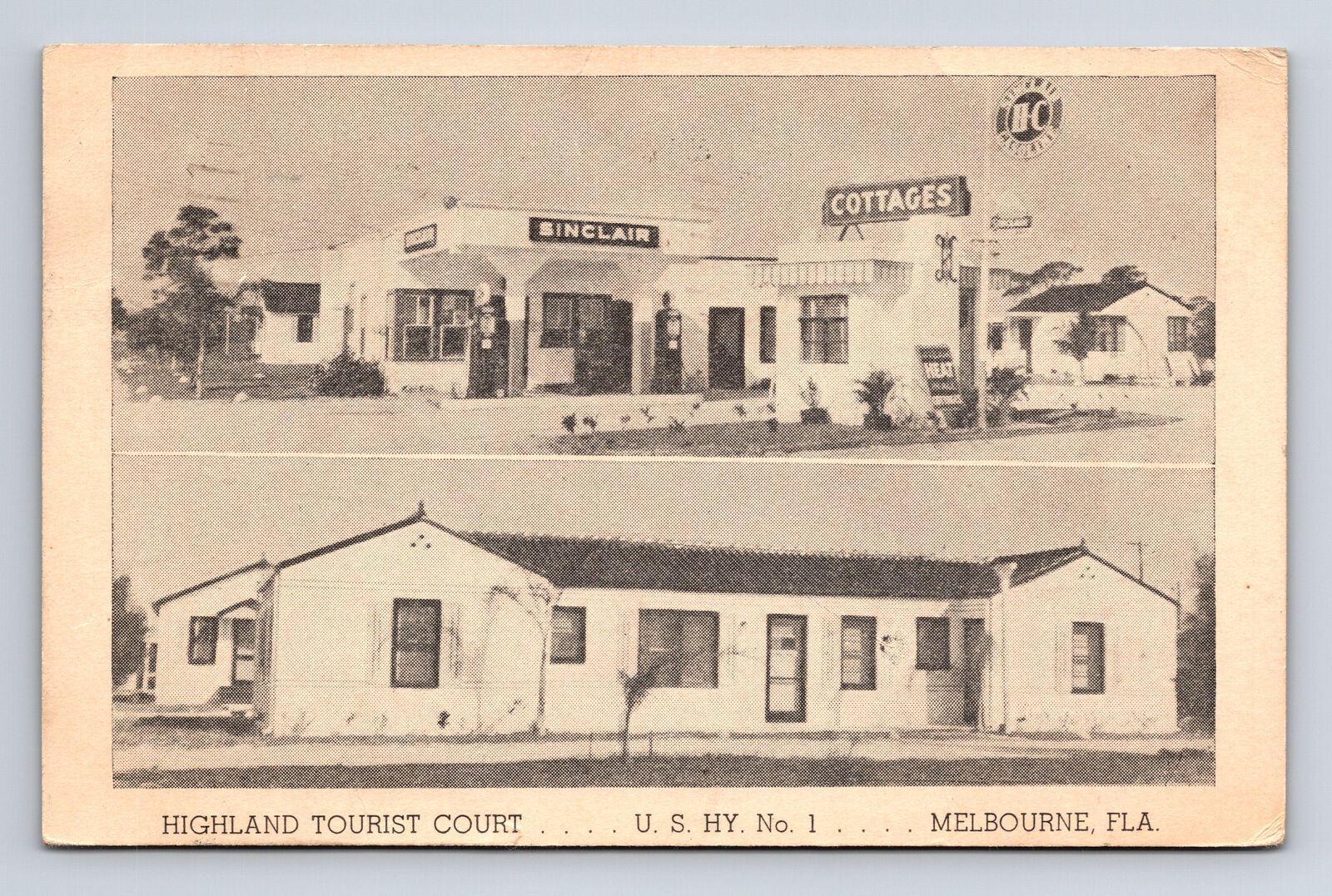 c1940 Highland Tourist Court US Hwy 1 Sinclair Gas Station Melbourne FL Postcard