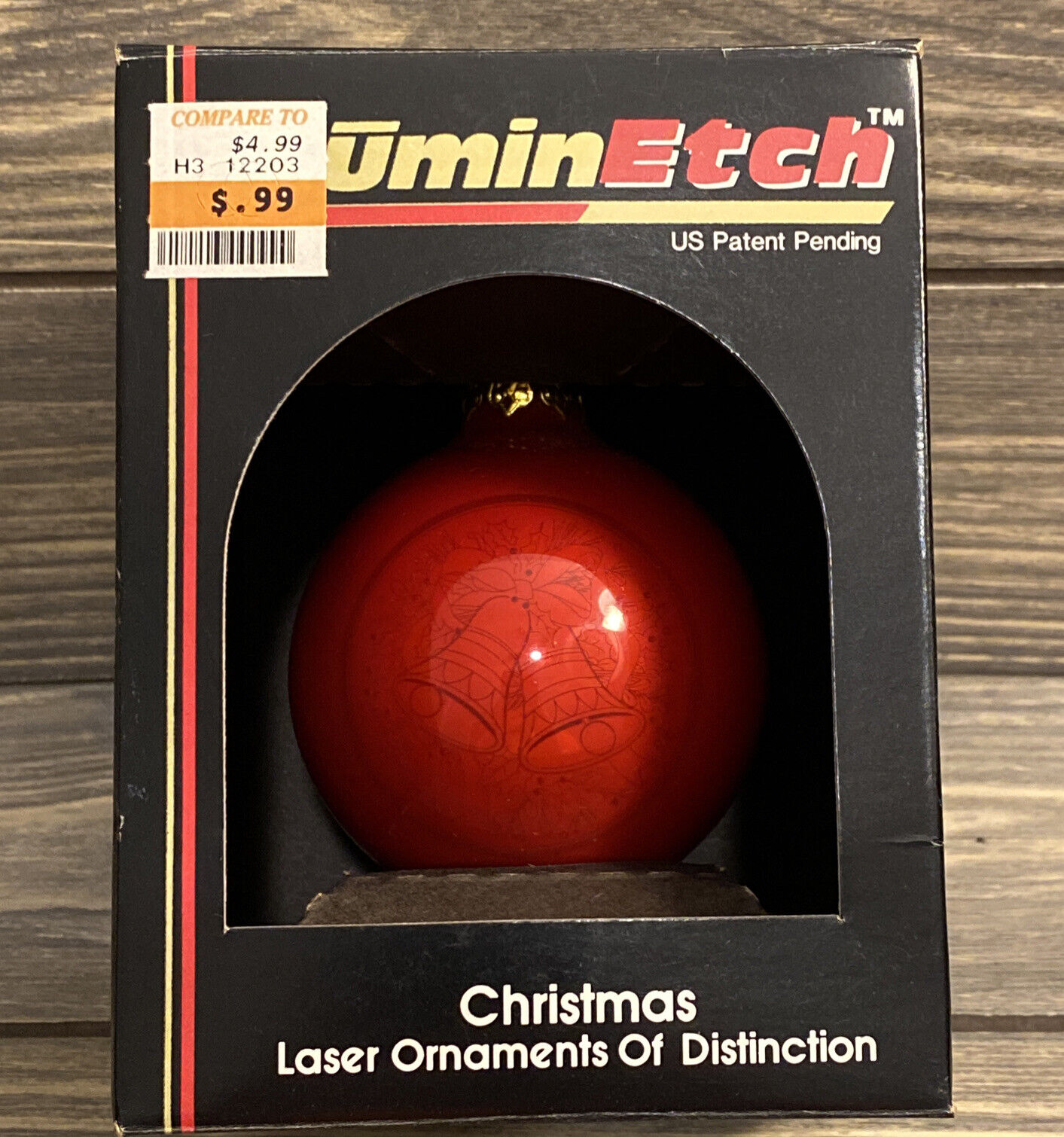 Vintage Christmas Lumin Etch Laser Ornament Of Distinction Red Globe Bells 