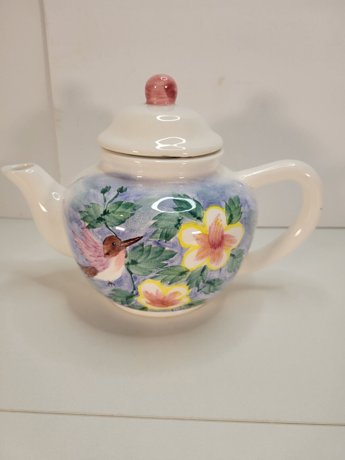 Beautiful Hand Painted Small Teapot With Humming Bird And Flowers Colorful 