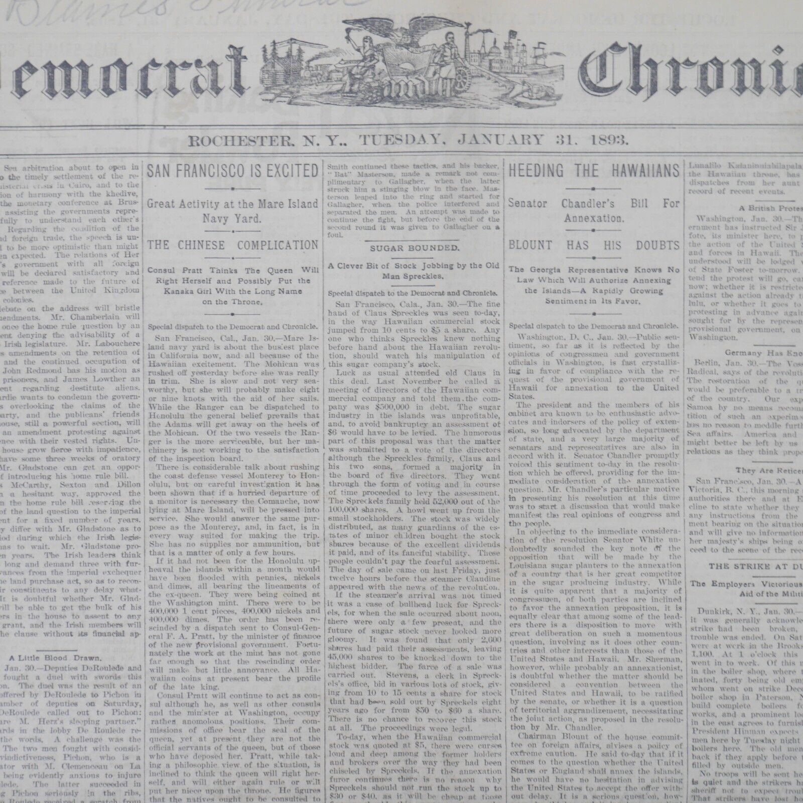 1893 Democrat Chronicle Newspaper Hawaiian Annexation Bill Rochester NY