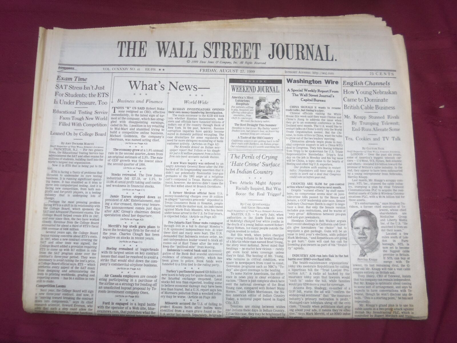1999 AUG 27 THE WALL STREET JOURNAL-BARCLAY KNAPP DOMINATE BRITISH CABLE- WJ 226