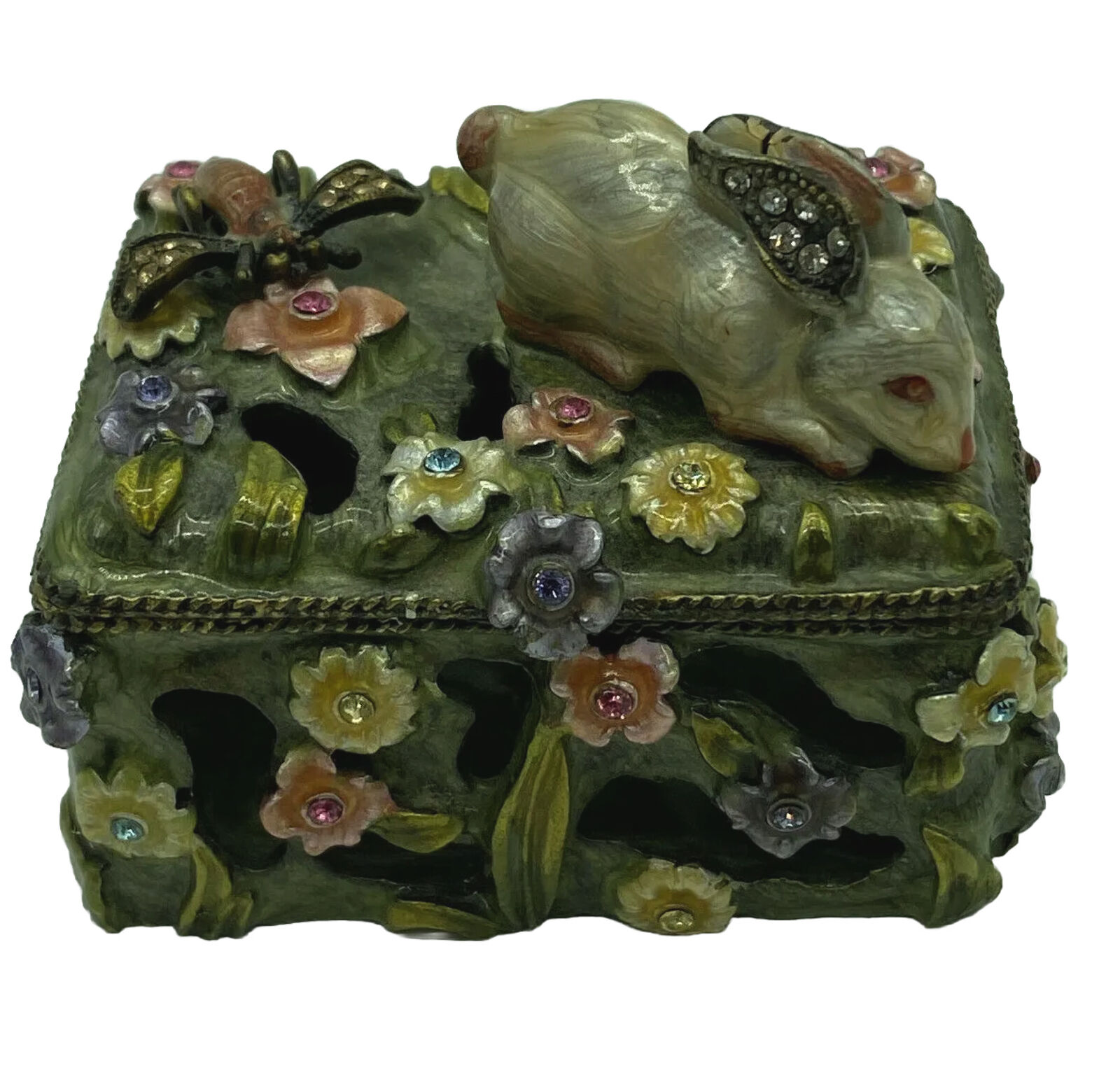 Vintage Exquisite Rhinestone Enamel Rabbit Bee Flowers Trinket Box Bejeweled 2x2