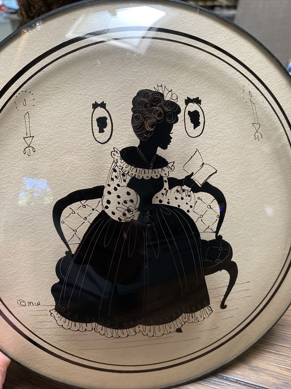 Silhouette by Peter Watson Studio 9” Lady Reading Reverse Painted Convex Glass