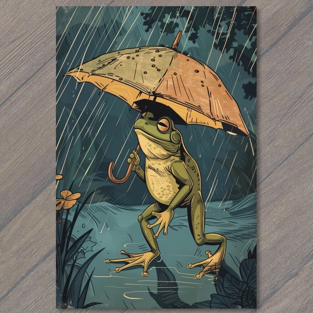 POSTCARD Frog Man Human Rain Umbrella Weird Strange Funny Ironic Out Of Water