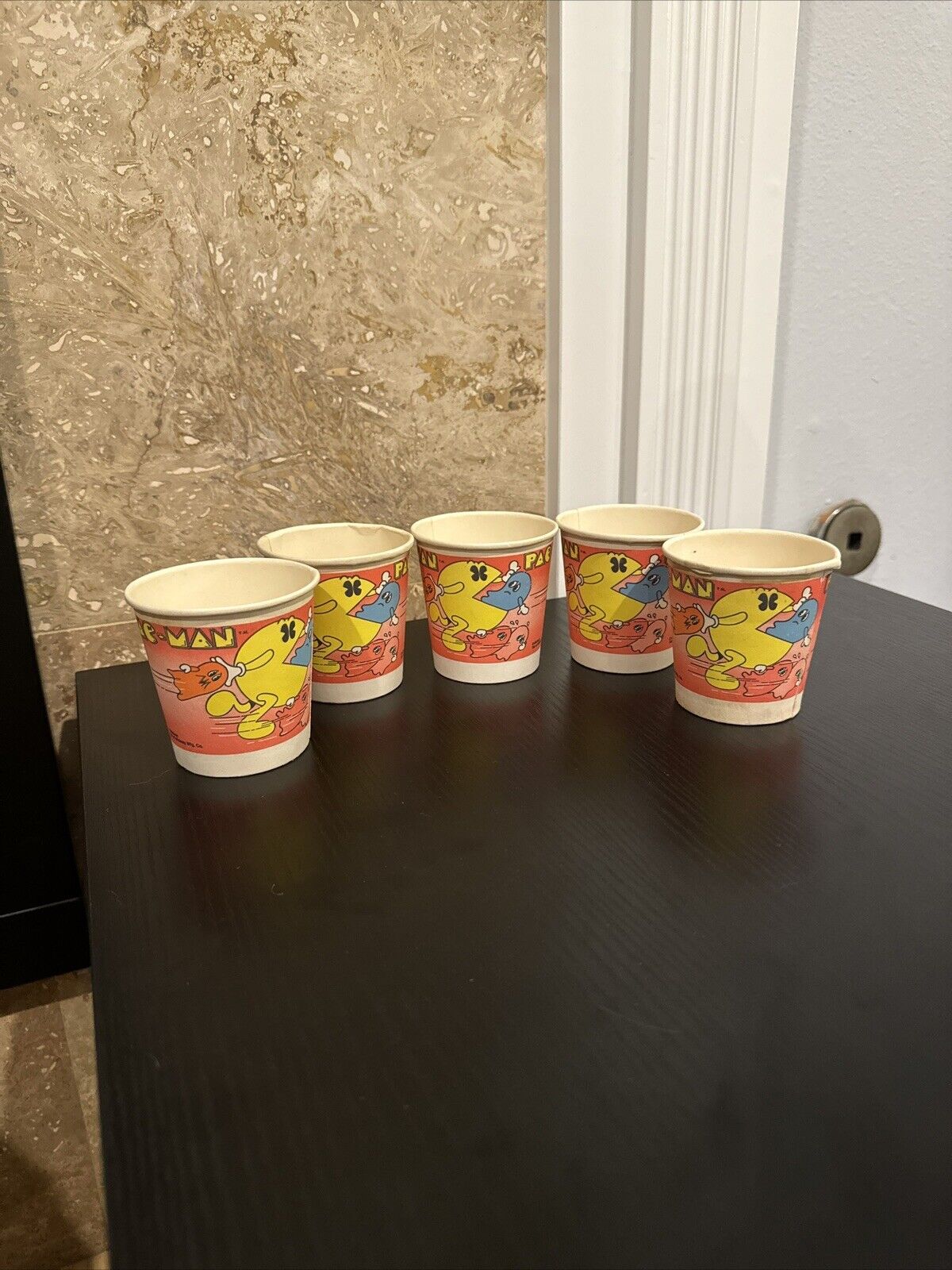 Five Vintage 1980’s Pac-Man Paper Cups , Pac-Man Memoribilia