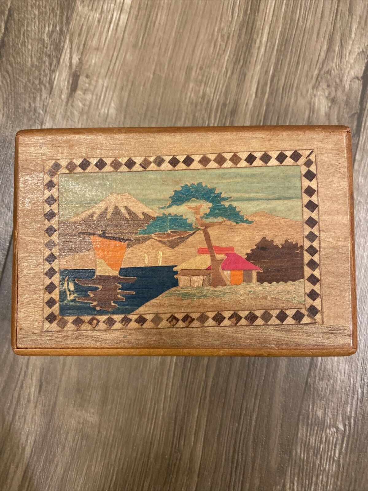 Japanese Inlaid Wooden Puzzle Box Mt. Fuji Scene Floral Marquetry Japan VTG