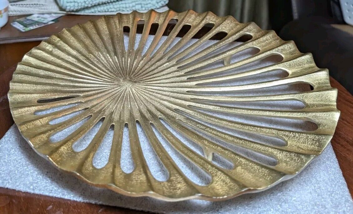 Vtg Mid-Century 13 In Gold Finished Metal Console Tray Bowl With 3 Feet India