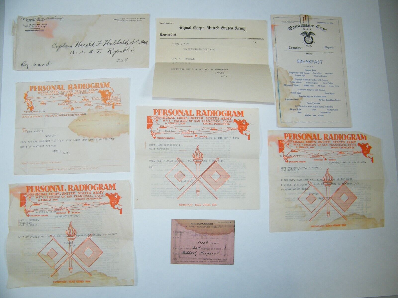 1934 ARMY SIGNAL CORPS PERSONAL RADIOGRAMS, MENUS, WAR CARD, HUBBELL