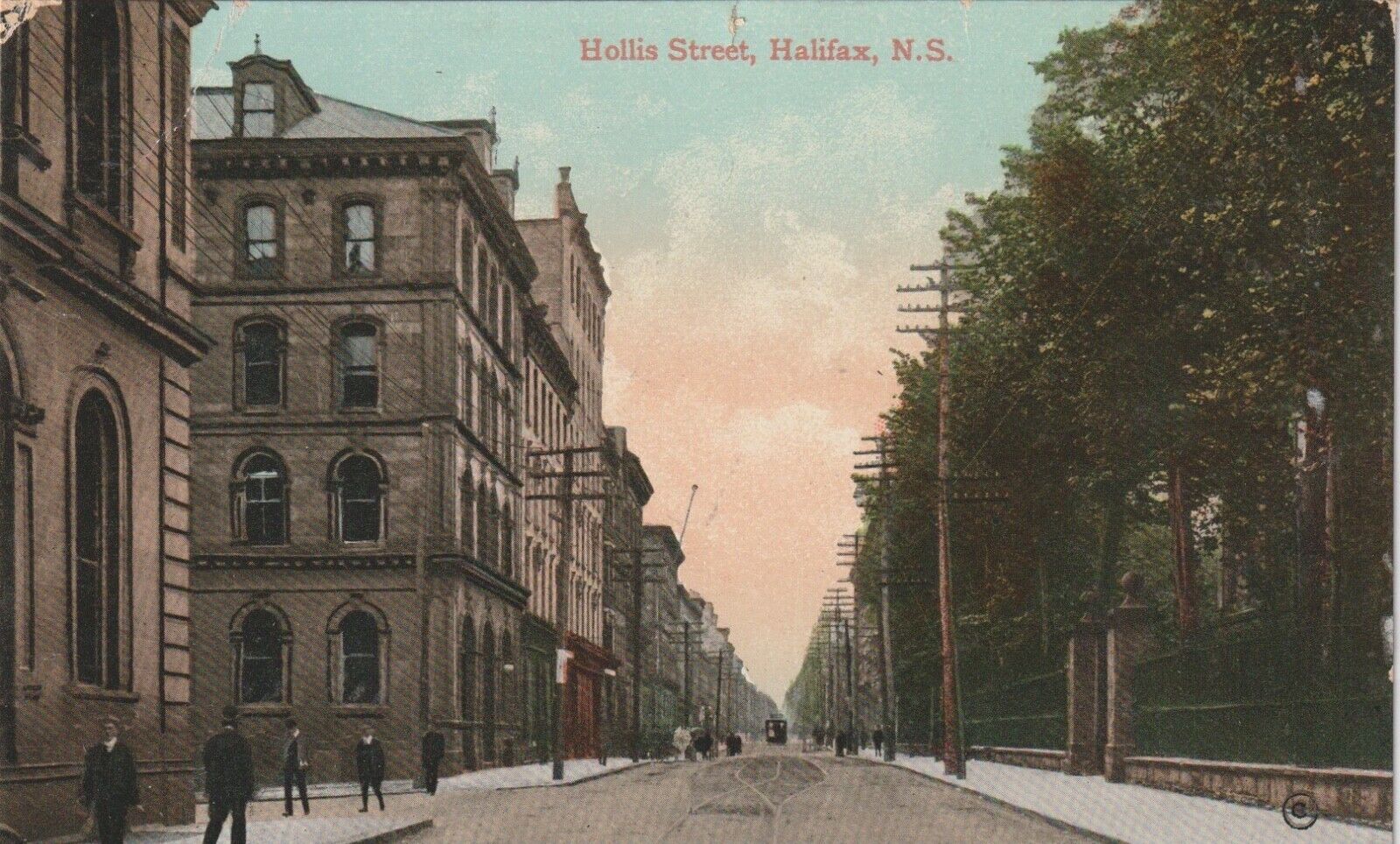 HALIFAX, N.S. CANADA POSTCARD Hollis Street, Pedestrians, Trolly in Distance