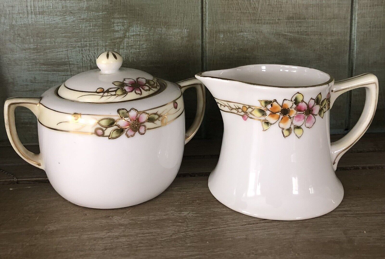 Antique Nippon Handpainted Sugar Bowl With Lid And Creamer Set