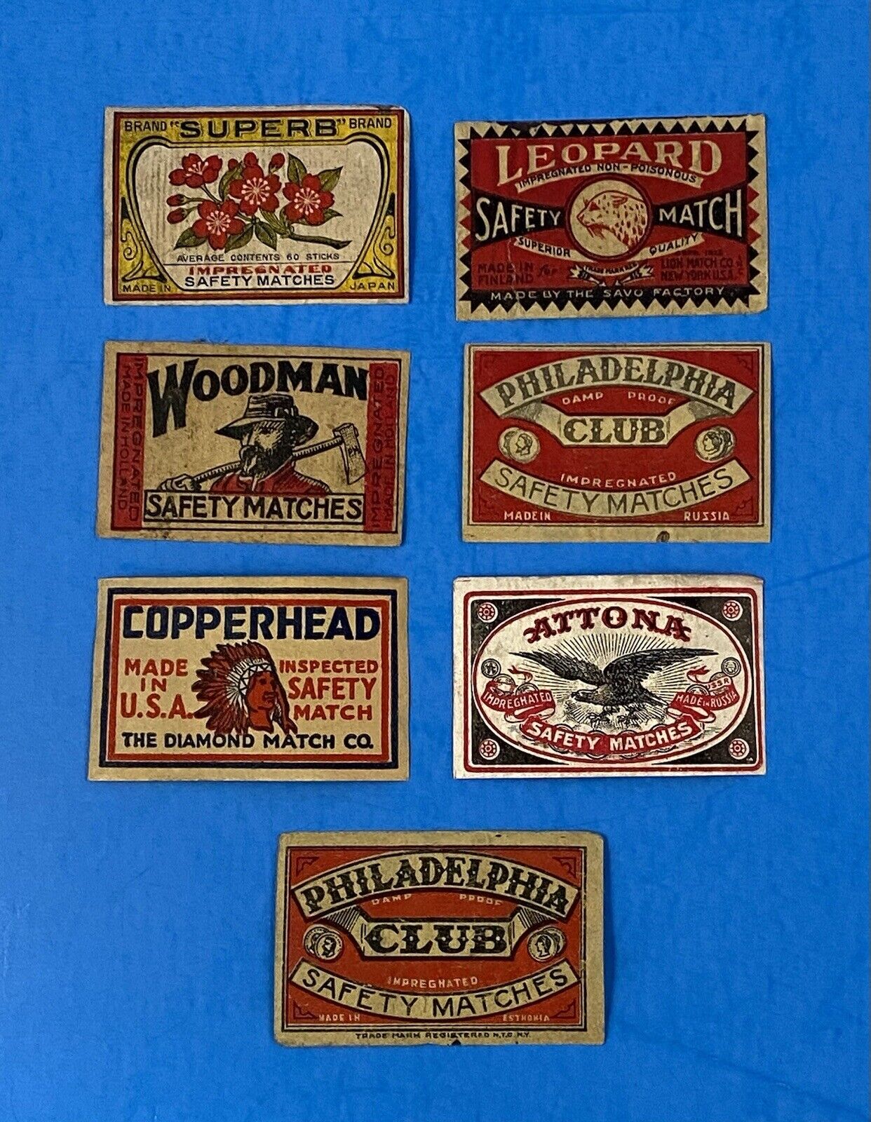 7 Original Vintage Match Box Labels All Different.