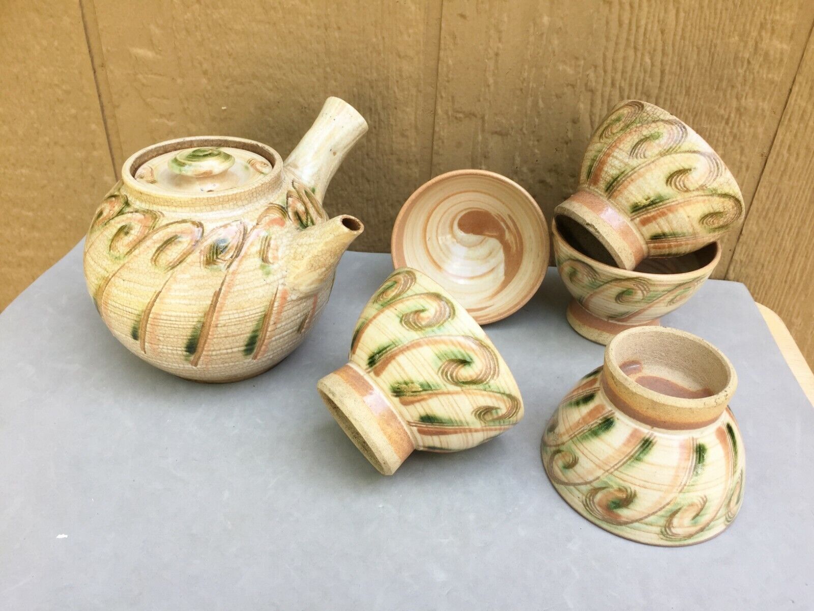Japan Tea Set Vintage Teapot & 5 Cups Nerikomi Neriage Agateware Swirl Pottery