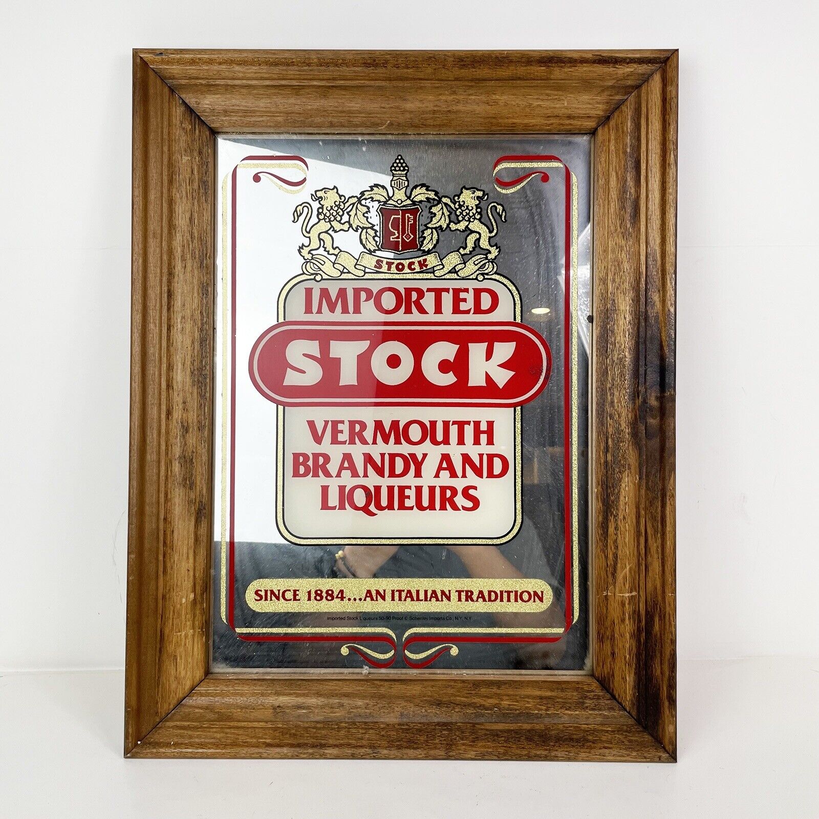 Imported Stock Vermouth Brandy Liqueurs Vintage Bar Mirror Wood Framed 14x18”