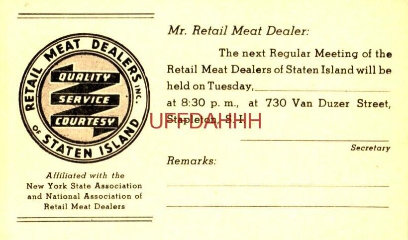 REGULAR MEETING OF THE RETAIL MEAT DEALERS OF STATEN ISLAND, TUESDAY, STAPLETON