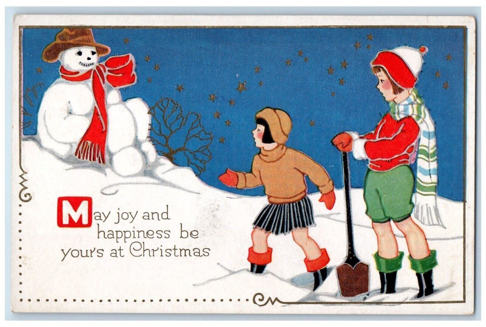 c1910\'s Christmas Girls Shovel Snowman Winter Snow Embossed Antique Postcard
