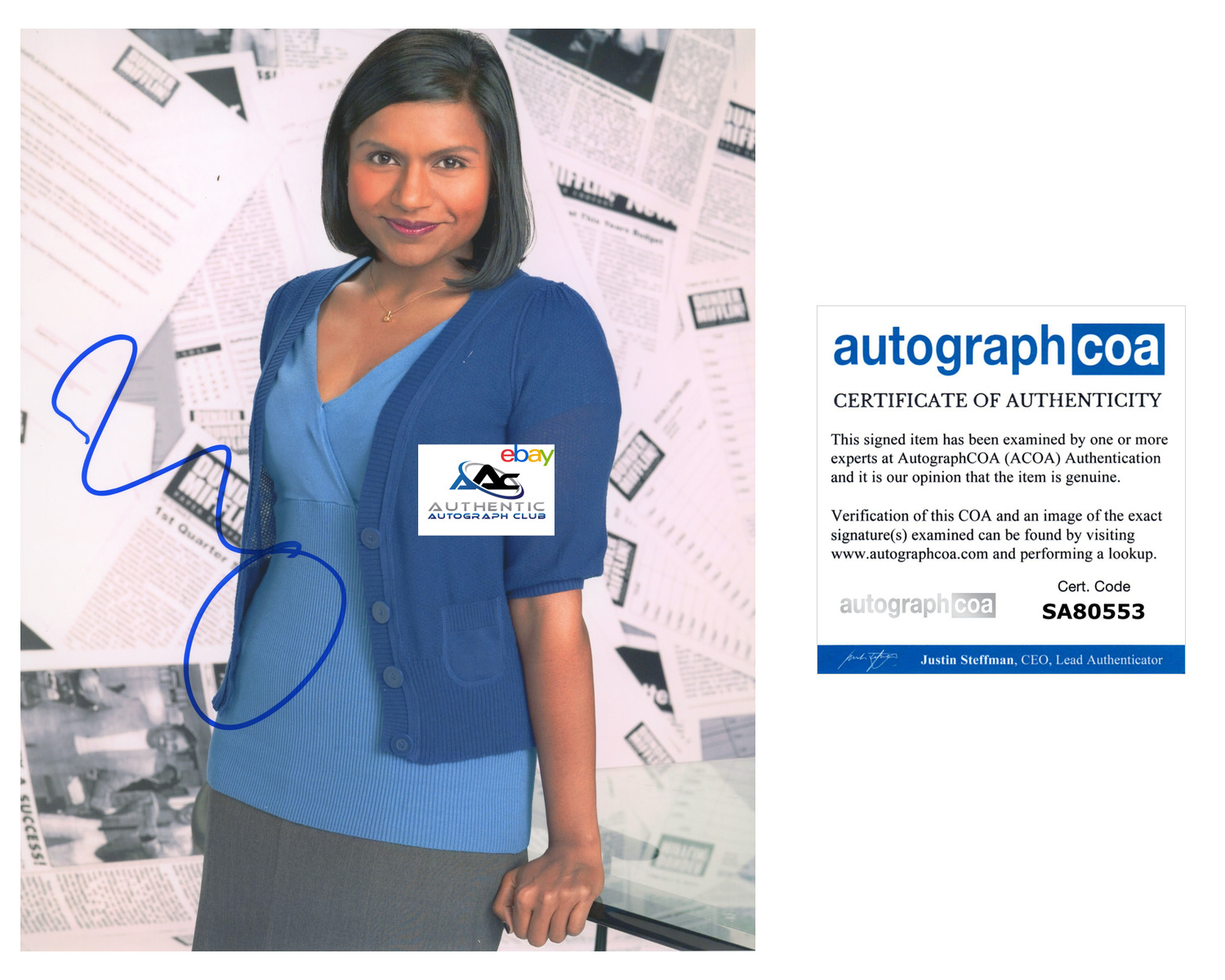 MINDY KALING AUTOGRAPH SIGNED 8X10 PHOTO THE MINDY PROJECT THE OFFICE ACOA