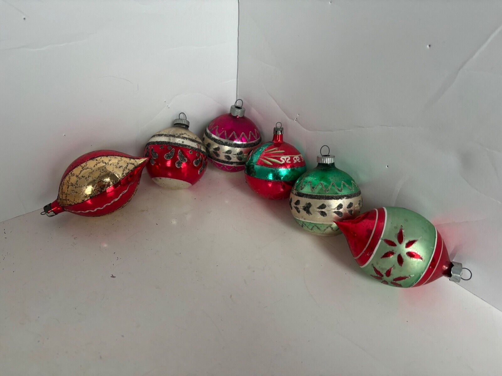 LOT of 6 vintage Glass Ornaments Shiny Brite USA Poland Round & Teardrop Mica