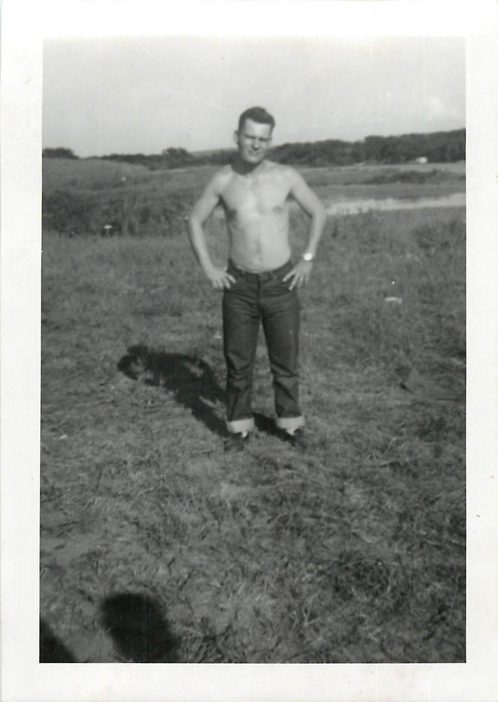 Vintage Snapshot B/W Photo 1960 Shirtless Beefcake Young Guy In Jeans Gay Int