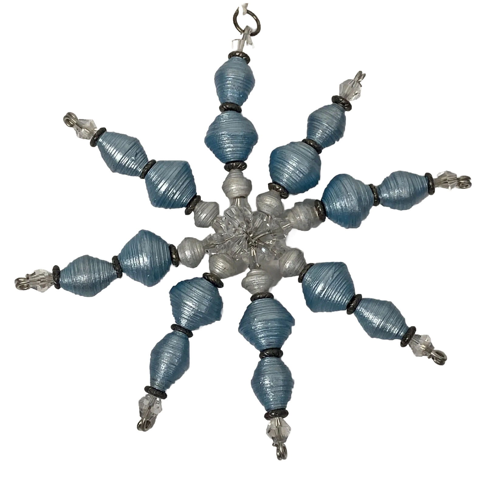Beaded Ornament Snowflake Christmas Tree Blue White Wire Hanging Holiday Decor