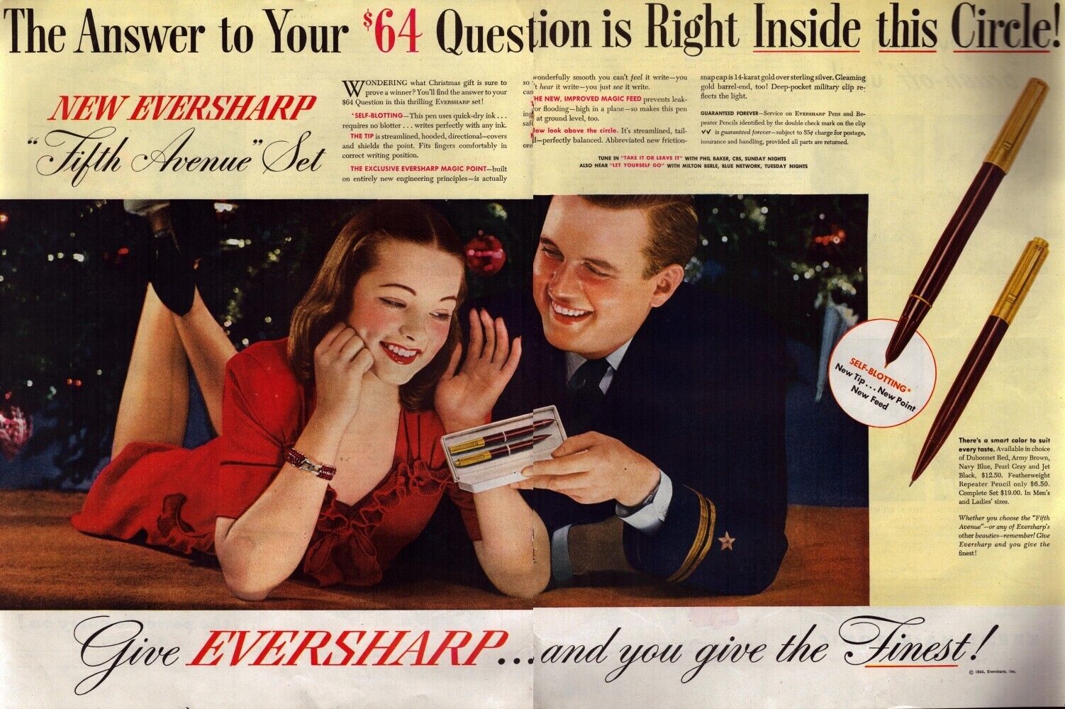 1944 Eversharp Pens WWII TWO PAGE Print Ad Christmas Gift Soldier Wife
