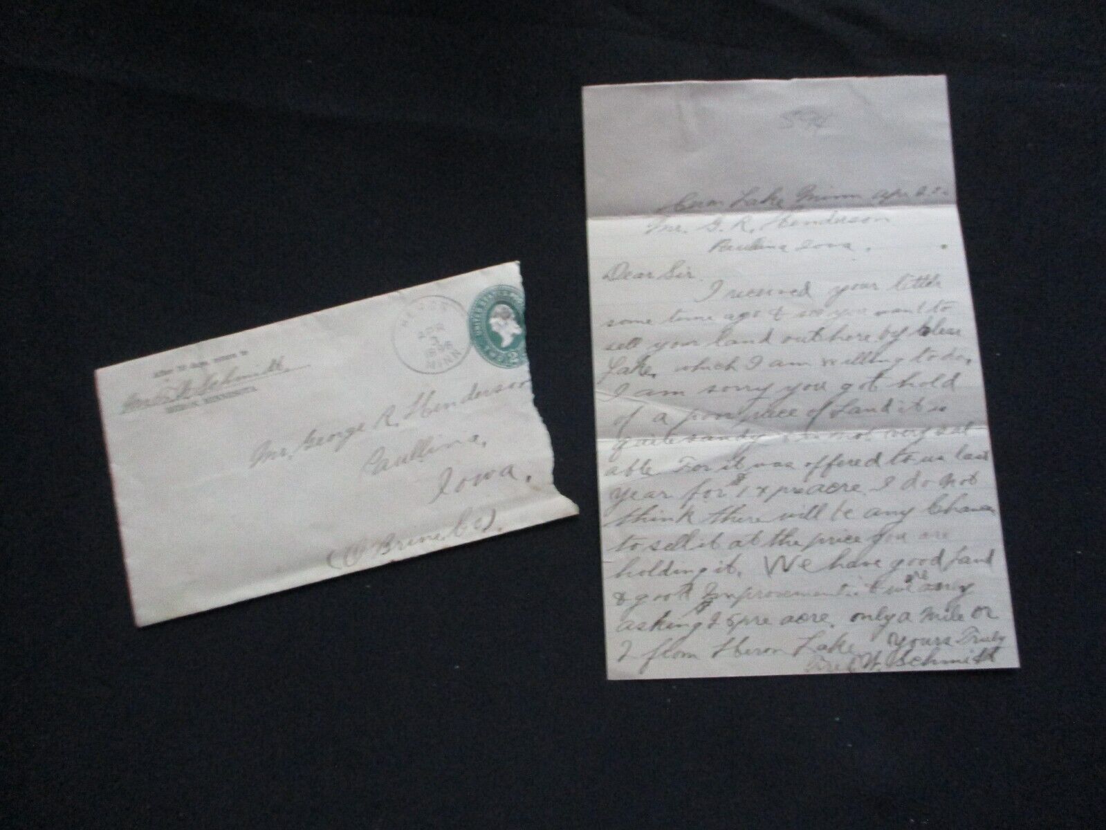 1896 Heron Lake Minnesota (Selling Land) Signed Fred W. Schmidt Letter,Cover