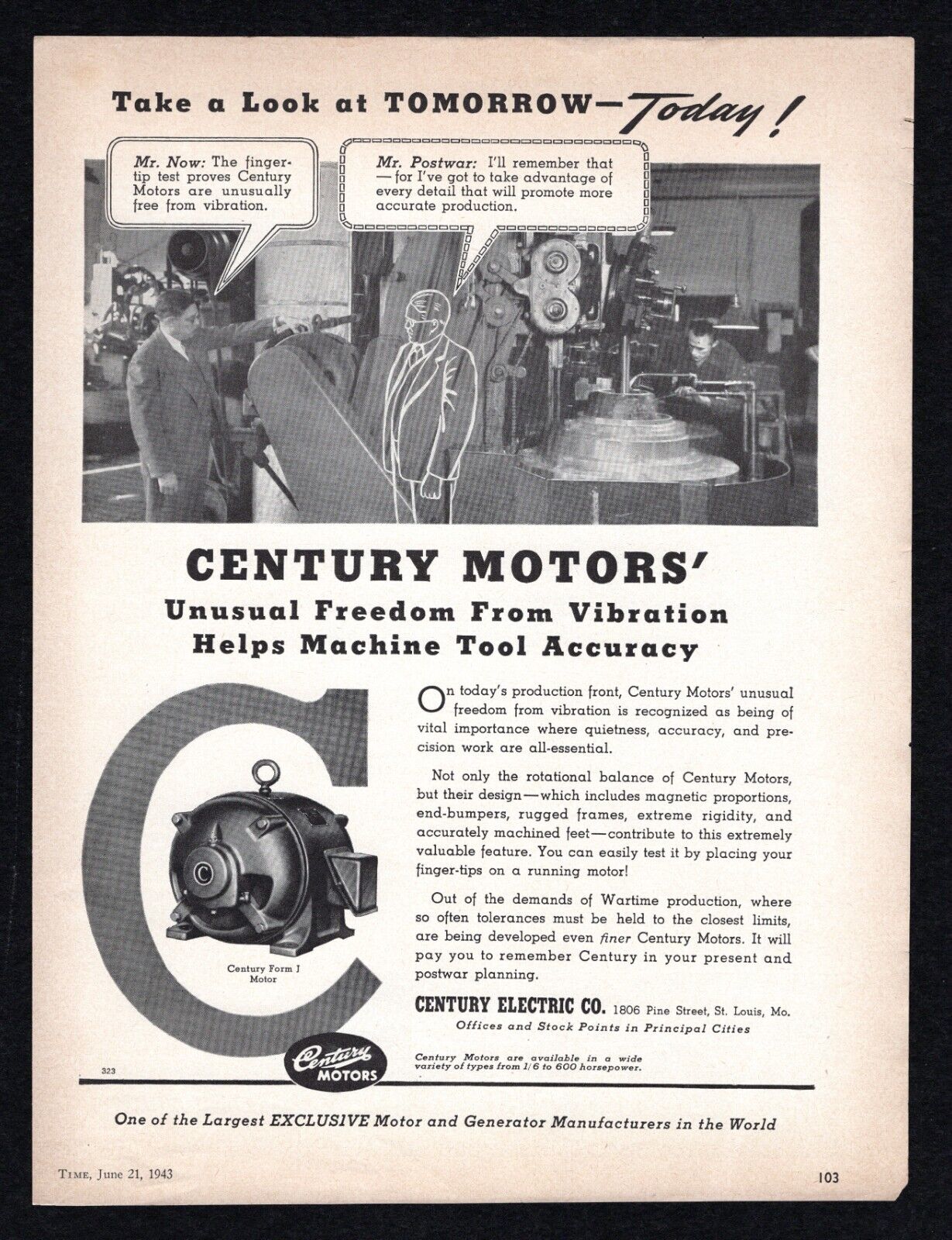1943 Century Electric Co Motors Tomorrow Today Freedom From Vibration Print Ad